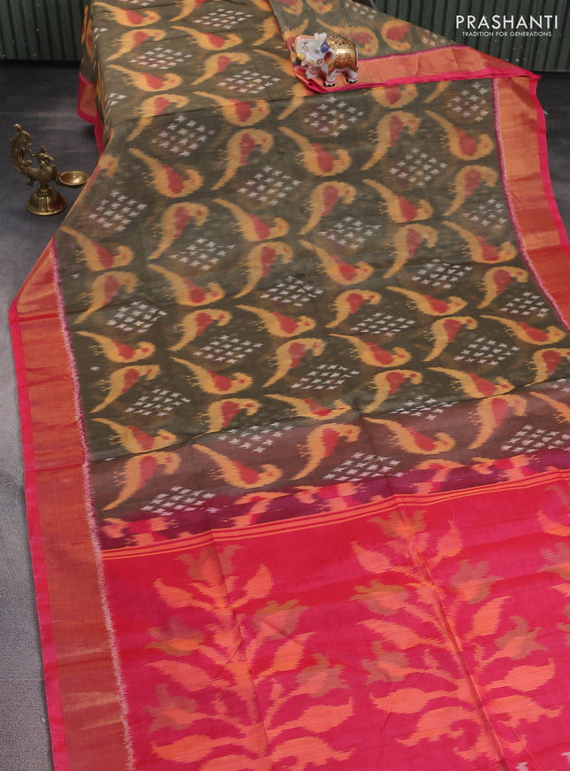 Ikat silk cotton saree grey shade and peach pink with alover ikat weaves and zari woven border