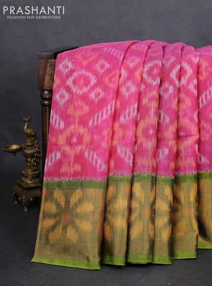 Ikat silk cotton saree pink and light green with alover ikat weaves and long zari woven ikat border