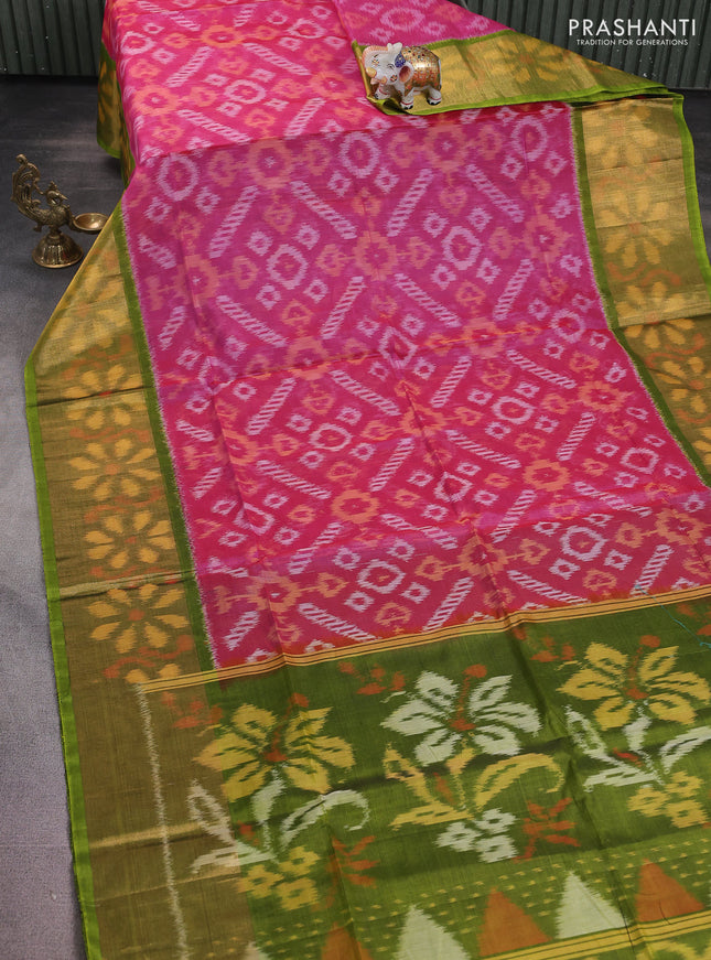 Ikat silk cotton saree pink and light green with alover ikat weaves and long zari woven ikat border