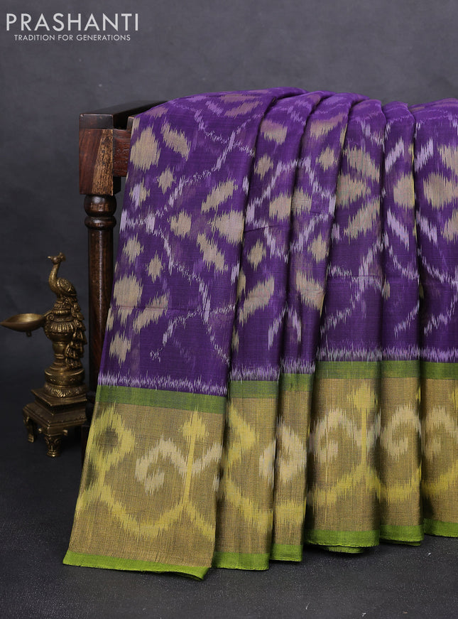 Ikat silk cotton saree violet and light green with alover ikat weaves and long zari woven ikat border