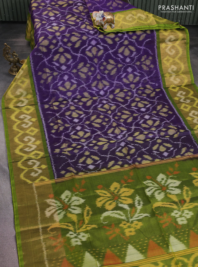 Ikat silk cotton saree violet and light green with alover ikat weaves and long zari woven ikat border