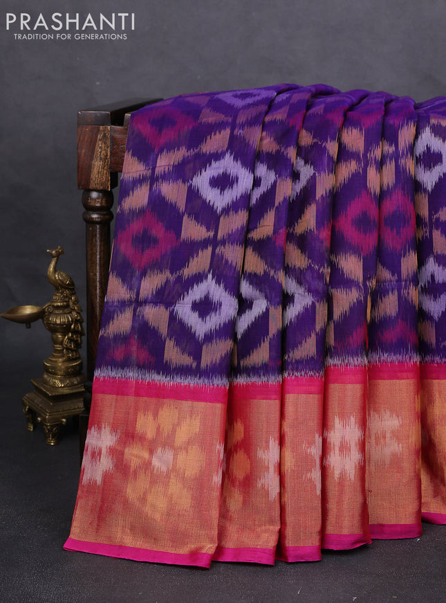 Ikat silk cotton saree blue and pink with alover ikat weaves and long zari woven ikat border