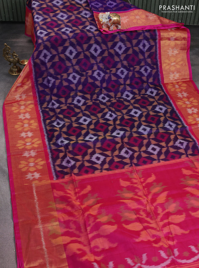 Ikat silk cotton saree blue and pink with alover ikat weaves and long zari woven ikat border