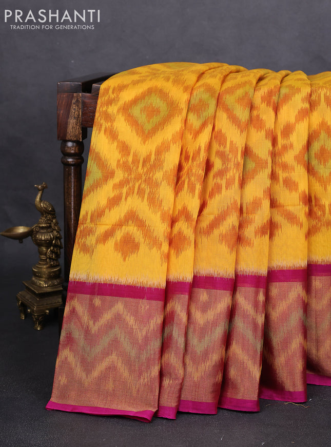 Ikat silk cotton saree mango yellow and pink with alover ikat weaves and long zari woven ikat border