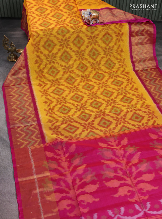 Ikat silk cotton saree mango yellow and pink with alover ikat weaves and long zari woven ikat border