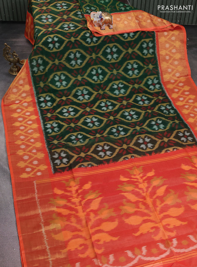 Ikat silk cotton saree bottle green and orange with alover ikat weaves and long zari woven ikat border