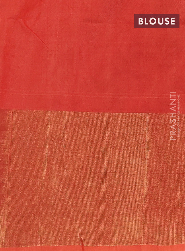 Ikat silk cotton saree bottle green and orange with alover ikat weaves and long zari woven ikat border