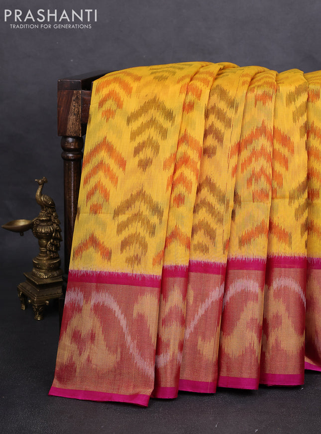 Ikat silk cotton saree yellow and pink with alover ikat weaves and long zari woven ikat border