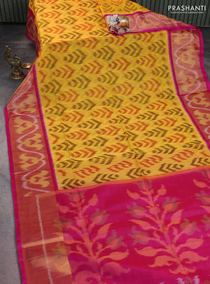 Ikat silk cotton saree yellow and pink with alover ikat weaves and long zari woven ikat border