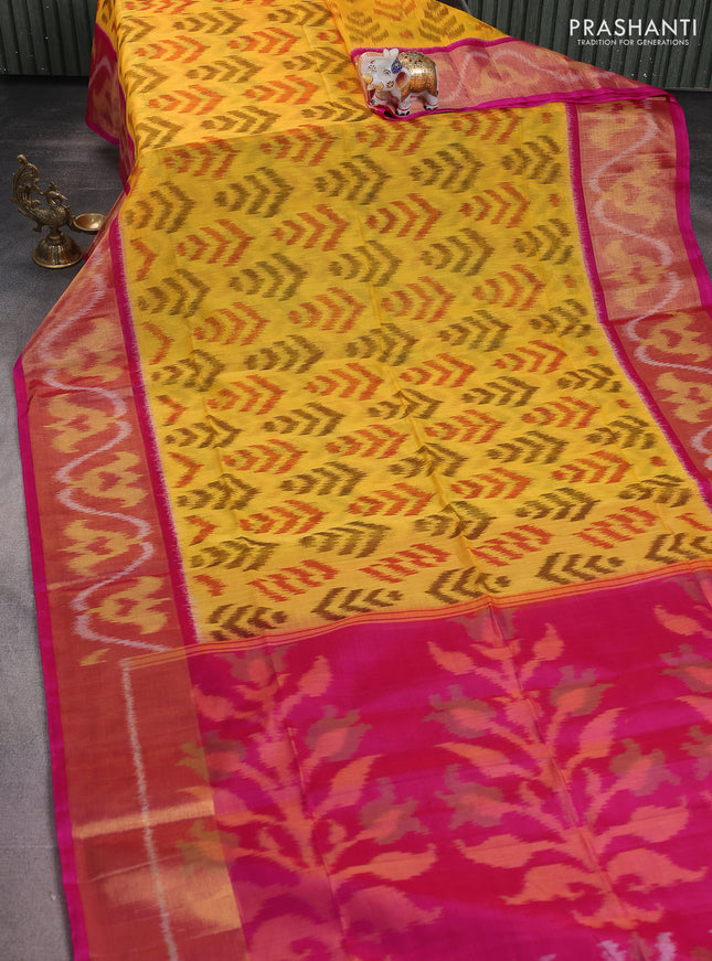 Ikat silk cotton saree yellow and pink with alover ikat weaves and long zari woven ikat border