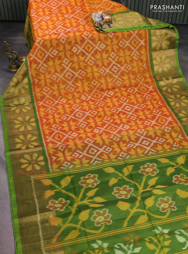 Ikat silk cotton saree dark mustard and green with alover ikat weaves and long zari woven ikat border