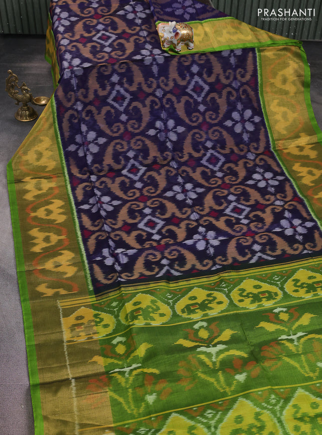 Ikat silk cotton saree navy blue and green with alover ikat weaves and long zari woven ikat border