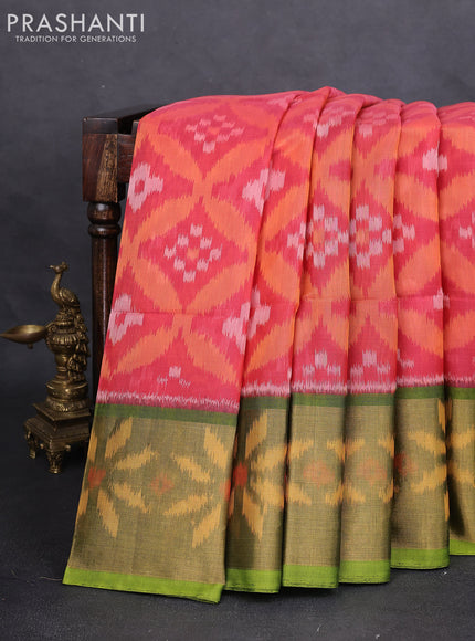 Ikat silk cotton saree red shade and light green with alover ikat weaves and long zari woven ikat border