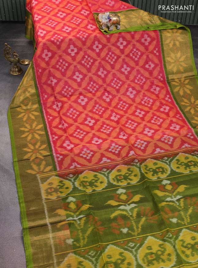 Ikat silk cotton saree red shade and light green with alover ikat weaves and long zari woven ikat border