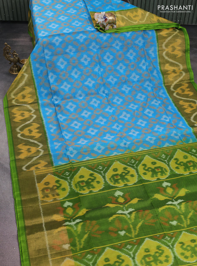 Ikat silk cotton saree light blue and light green with alover ikat weaves and long zari woven ikat border