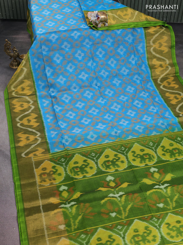 Ikat silk cotton saree light blue and light green with alover ikat weaves and long zari woven ikat border