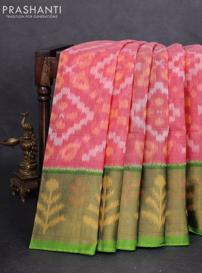 Ikat silk cotton saree peach red and light green with alover ikat weaves and long zari woven ikat border