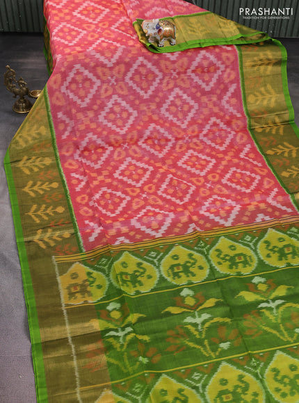 Ikat silk cotton saree peach red and light green with alover ikat weaves and long zari woven ikat border