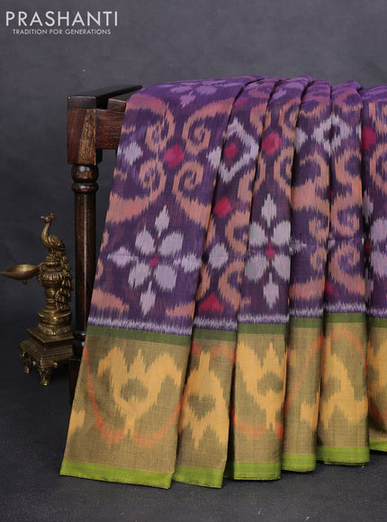 Ikat silk cotton saree jamun shade and light green with alover ikat weaves and long zari woven ikat border