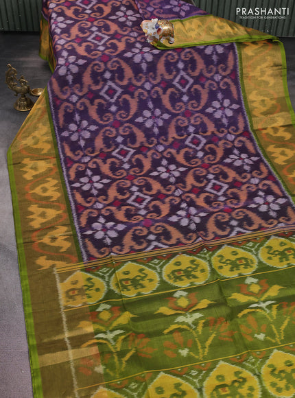 Ikat silk cotton saree jamun shade and light green with alover ikat weaves and long zari woven ikat border