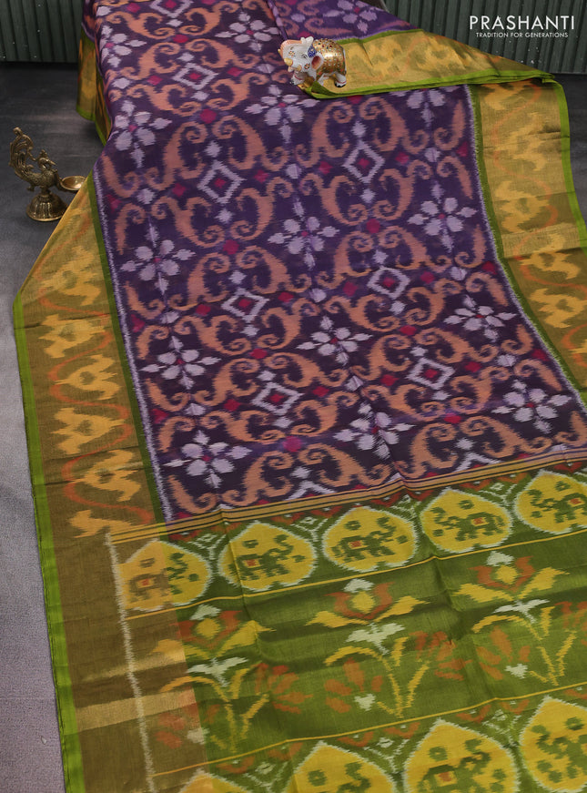 Ikat silk cotton saree jamun shade and light green with alover ikat weaves and long zari woven ikat border