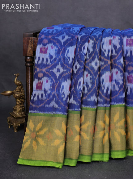 Ikat silk cotton saree peacock blue and light green with alover ikat weaves and long zari woven ikat border