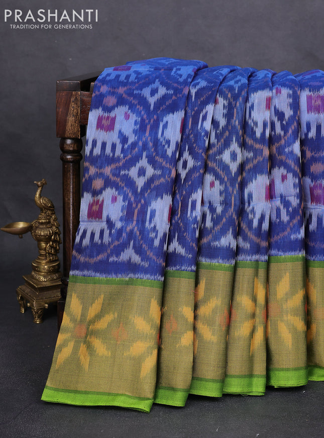 Ikat silk cotton saree peacock blue and light green with alover ikat weaves and long zari woven ikat border