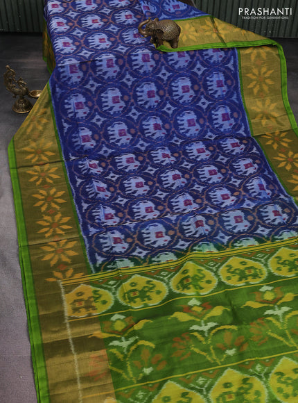 Ikat silk cotton saree peacock blue and light green with alover ikat weaves and long zari woven ikat border