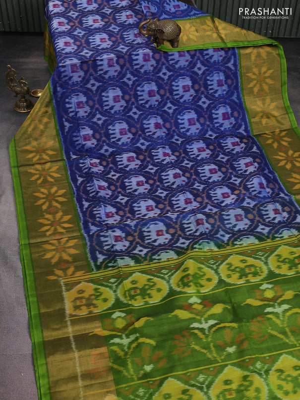 Ikat silk cotton saree peacock blue and light green with alover ikat weaves and long zari woven ikat border