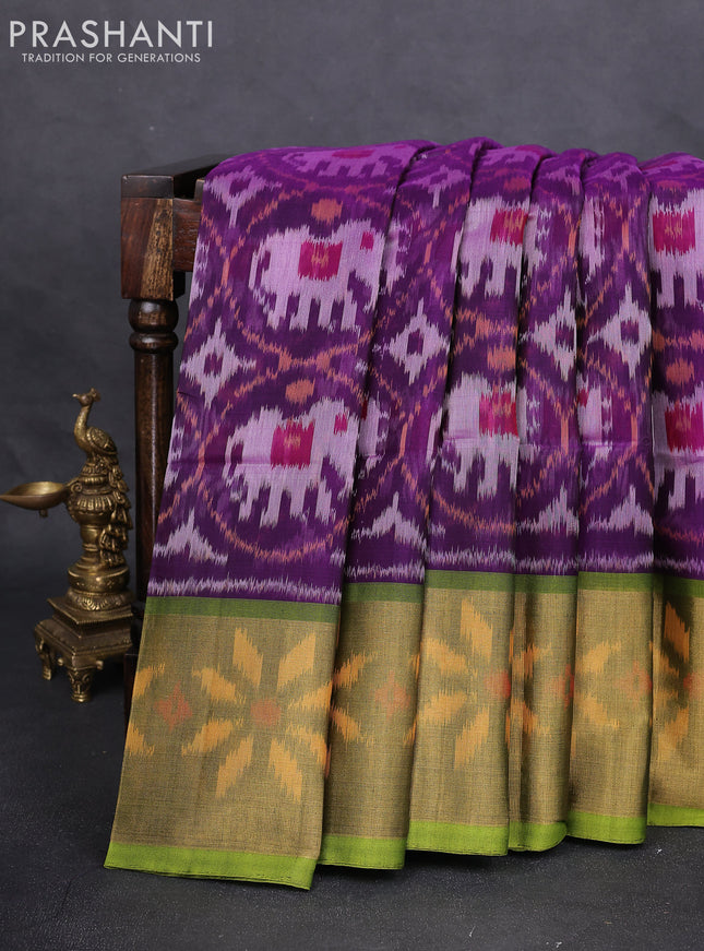 Ikat silk cotton saree purple and light green with alover ikat weaves and long zari woven ikat border