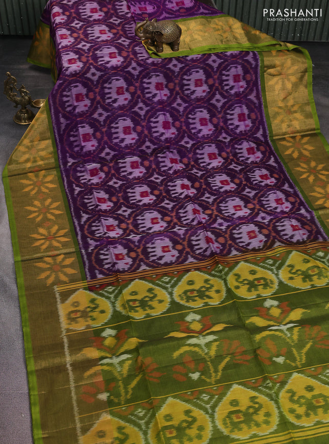Ikat silk cotton saree purple and light green with alover ikat weaves and long zari woven ikat border