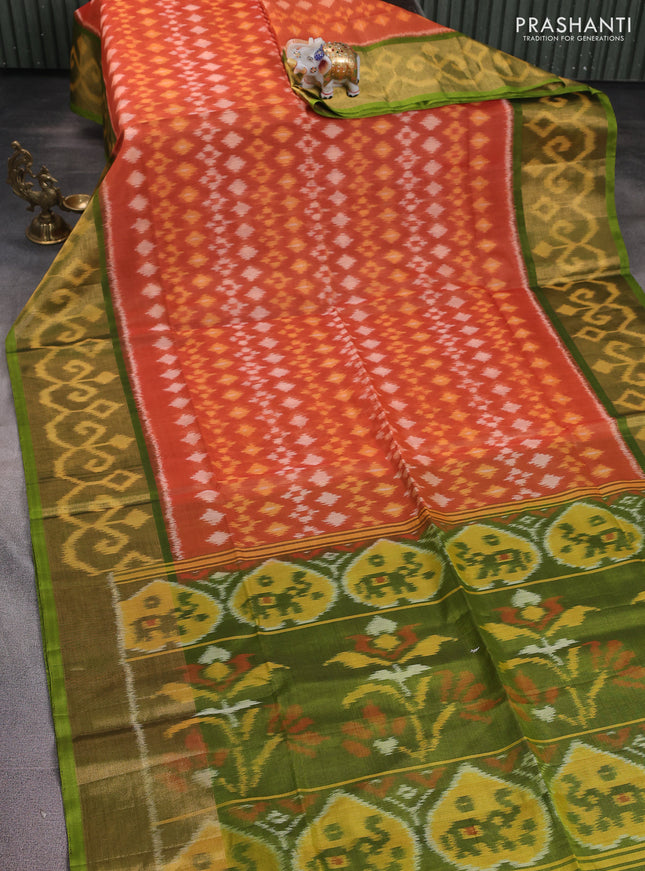 Ikat silk cotton saree rustic orange and light green with alover ikat weaves and long zari woven ikat border