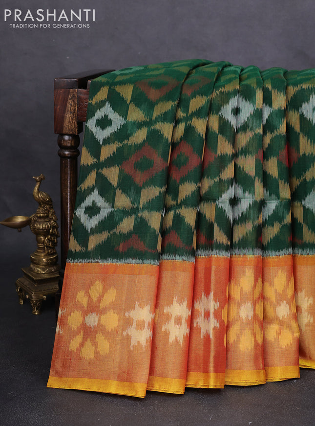 Ikat silk cotton saree bottle green and dark mustard with alover ikat weaves and long zari woven ikat border