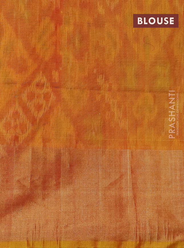 Ikat silk cotton saree bottle green and dark mustard with alover ikat weaves and long zari woven ikat border