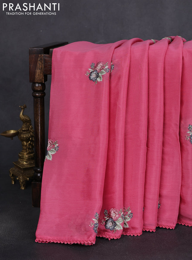 Chiffon silk saree pink with floral embroidery and lace work border