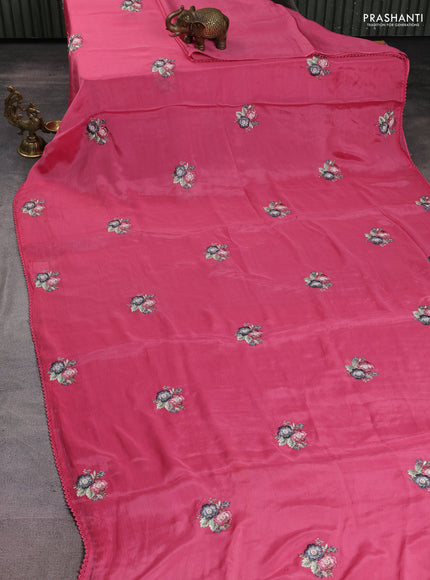 Chiffon silk saree pink with floral embroidery and lace work border