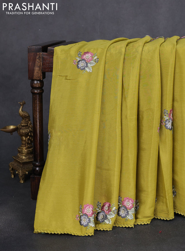 Chiffon silk saree lime green with floral embroidery and lace work border