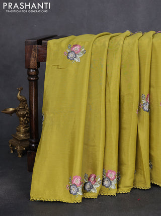 Chiffon silk saree lime green with floral embroidery and lace work border