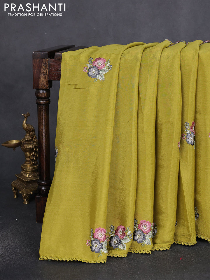 Chiffon silk saree lime green with floral embroidery and lace work border