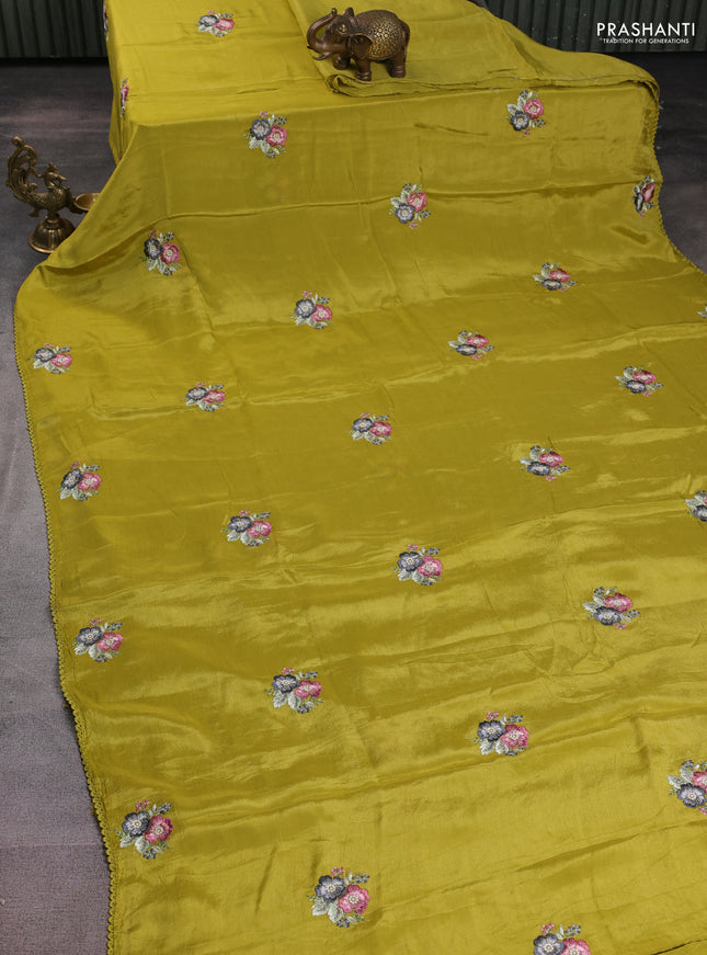 Chiffon silk saree lime green with floral embroidery and lace work border