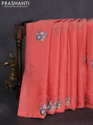 Chiffon silk saree peach shade with floral embroidery and lace work border