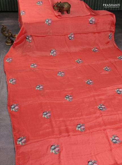 Chiffon silk saree peach shade with floral embroidery and lace work border