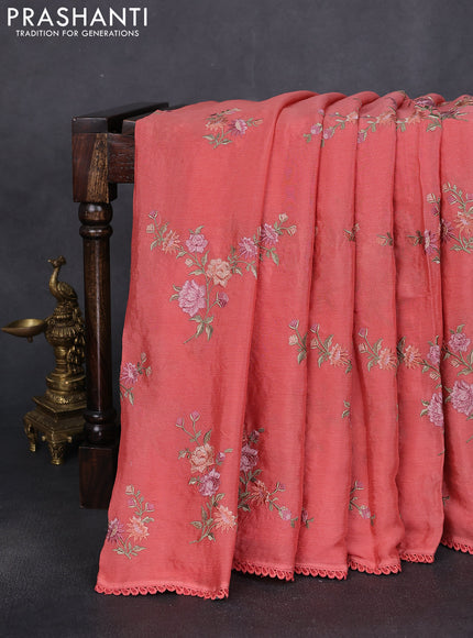 Chiffon silk saree peach shade with floral embroidery and lace work border