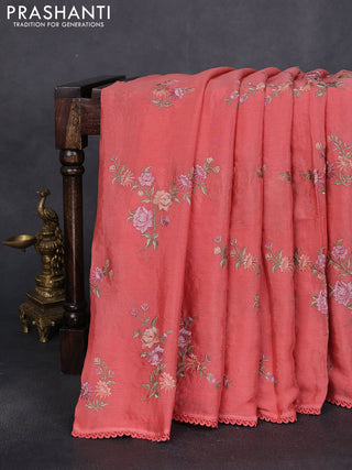 Chiffon silk saree peach shade with floral embroidery and lace work border