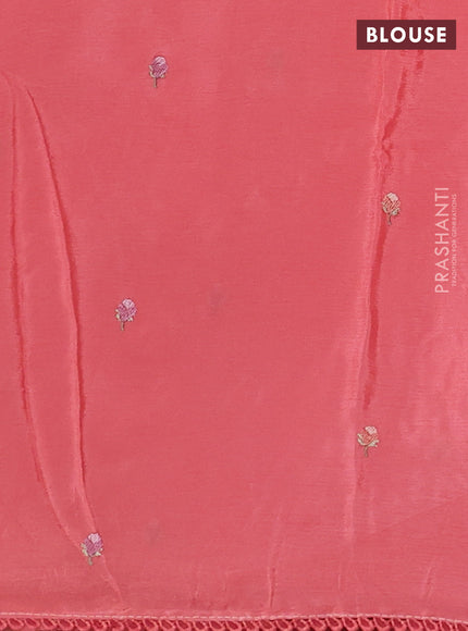 Chiffon silk saree peach shade with floral embroidery and lace work border