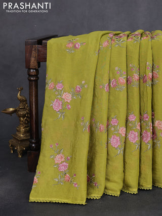 Chiffon silk saree lime green with floral embroidery and lace work border