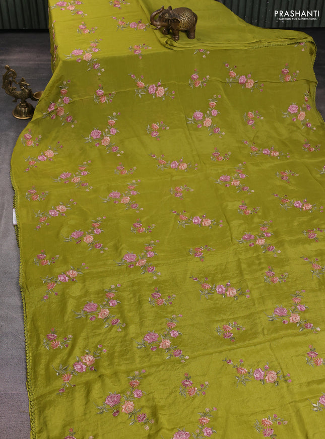 Chiffon silk saree lime green with floral embroidery and lace work border