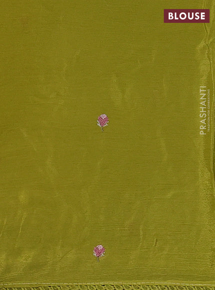 Chiffon silk saree lime green with floral embroidery and lace work border
