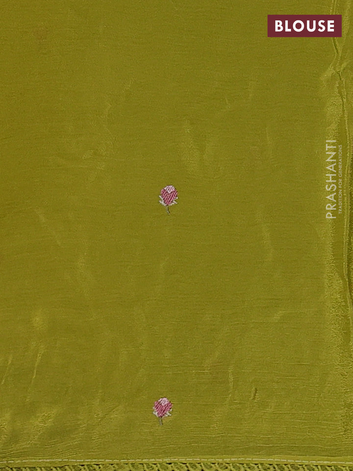 Chiffon silk saree lime green with floral embroidery and lace work border