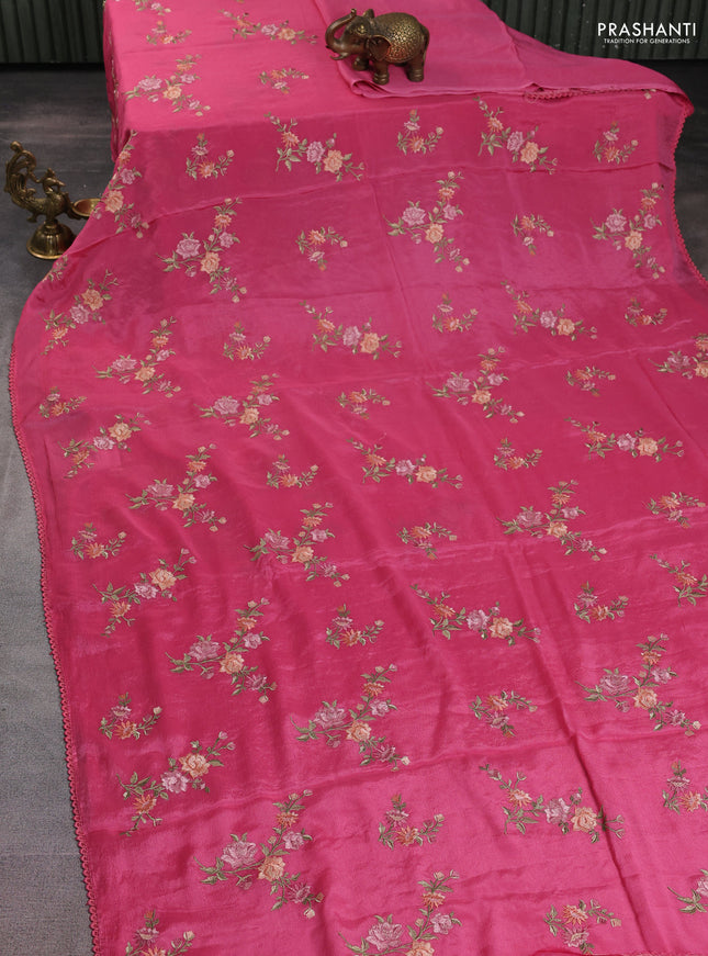Chiffon silk saree pink with floral embroidery and lace work border